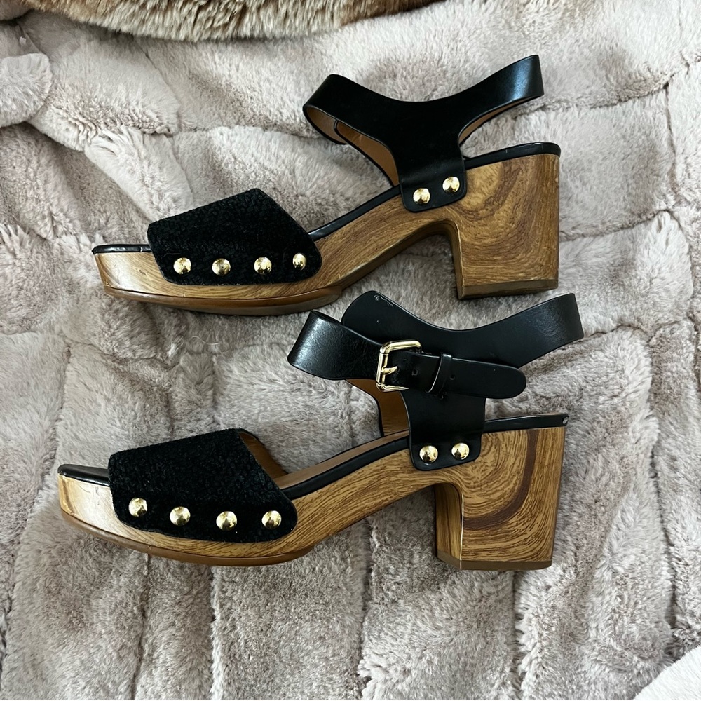 Nine West Wooden Heel Gold Studded Leather Cloth Ankle Strap Sandals - 9.5